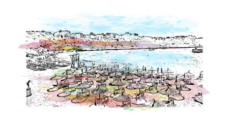 Ilustración de Print Building view with landmark of Porto Cristo is the town in  Spain. Watercolor splash with hand drawn sketch illustration in vector. - Imagen libre de derechos