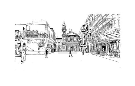 Print Building view with landmark of Pozzuoli is the city in Italy. Hand drawn sketch illustration in vector.
