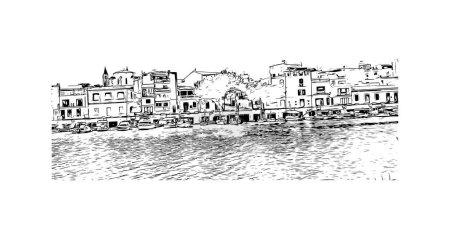 Téléchargez les illustrations : Print Vue imprenable sur Porto Colom est une petite ville de Majorque. Illustration dessinée à la main en vecteur. - en licence libre de droit