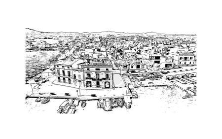 Téléchargez les illustrations : Print Vue imprenable sur Porto Colom est une petite ville de Majorque. Illustration dessinée à la main en vecteur. - en licence libre de droit