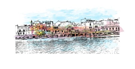 Téléchargez les illustrations : Print Vue imprenable sur Porto Colom est une petite ville de Majorque. Aquarelle éclaboussure avec dessin à la main illustration de croquis dans le vecteur. - en licence libre de droit