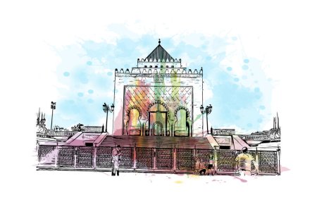 Illustration for Print Building view with landmark of Rabat is the capital in Morocco. Watercolor splash with hand drawn sketch illustration in vector. - Royalty Free Image