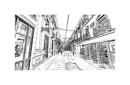 Ilustración de Imprimir Vista del edificio con punto de referencia de Ronda es una ciudad en España. Dibujo dibujado a mano ilustración en vector. - Imagen libre de derechos