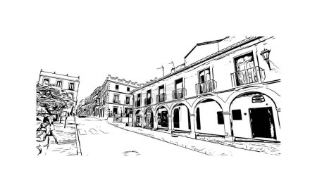 Blick auf das Gebäude mit dem Wahrzeichen von Ronda ist eine Stadt in Spanien. Handgezeichnete Skizzenillustration im Vektor.