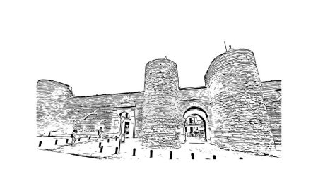 Ilustración de Imprimir Vista del edificio con punto de referencia de Ronda es una ciudad en España. Dibujo dibujado a mano ilustración en vector. - Imagen libre de derechos