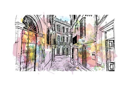 Illustration for Print Building view with landmark of Ronda is a city in Spain. Watercolor splash with hand drawn sketch illustration in vector. - Royalty Free Image