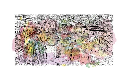 Illustration for Print Building view with landmark of Ronda is a city in Spain. Watercolor splash with hand drawn sketch illustration in vector. - Royalty Free Image