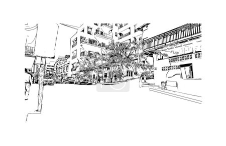 Ilustración de Imprimir Vista del edificio con punto de referencia de Puerto Vallarta es la ciudad de México. Dibujo dibujado a mano ilustración en vector. - Imagen libre de derechos
