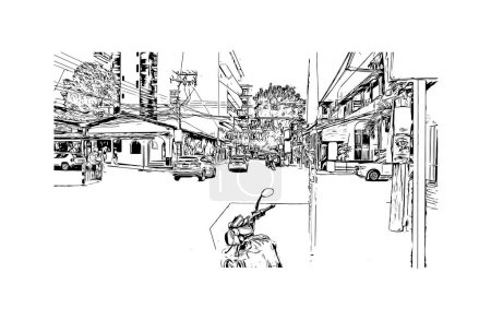Ilustración de Imprimir Vista del edificio con punto de referencia de Puerto Vallarta es la ciudad de México. Dibujo dibujado a mano ilustración en vector. - Imagen libre de derechos
