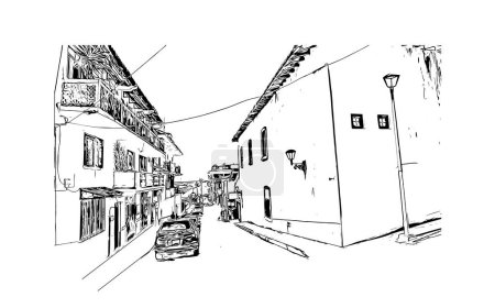 Téléchargez les illustrations : Imprimer La ville de Puerto Vallarta est située au Mexique. Illustration dessinée à la main en vecteur. - en licence libre de droit