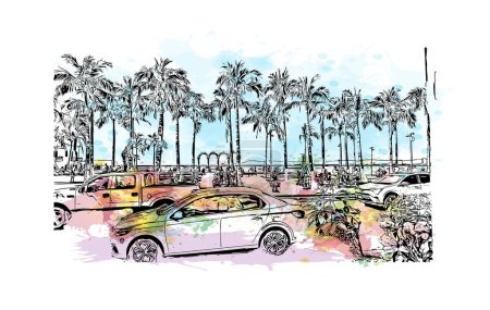 Illustration for Print Building view with landmark of  Puerto Vallarta is the city in Mexico. Watercolor splash with hand drawn sketch illustration in vector. - Royalty Free Image