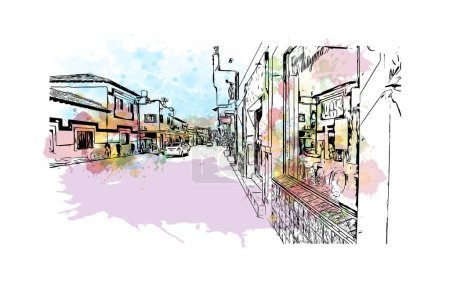 Illustration for Print Building view with landmark of  Puerto Vallarta is the city in Mexico. Watercolor splash with hand drawn sketch illustration in vector. - Royalty Free Image
