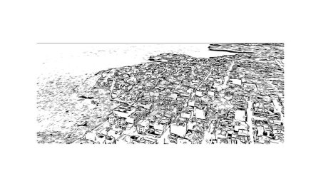 Ilustración de Imprimir Vista del edificio con el hito de Sa Coma es la ciudad en España. Dibujo dibujado a mano ilustración en vector. - Imagen libre de derechos