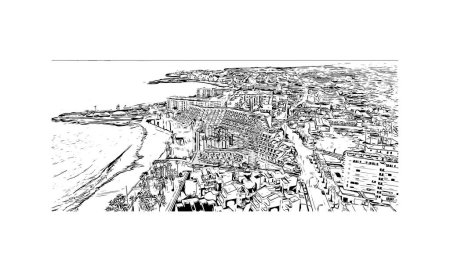 Ilustración de Imprimir Vista del edificio con el hito de Sa Coma es la ciudad en España. Dibujo dibujado a mano ilustración en vector. - Imagen libre de derechos