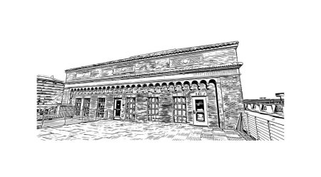 Ilustración de Imprimir Vista del edificio con punto de referencia de Sacramento es la ciudad de California. Dibujo dibujado a mano ilustración en vector - Imagen libre de derechos