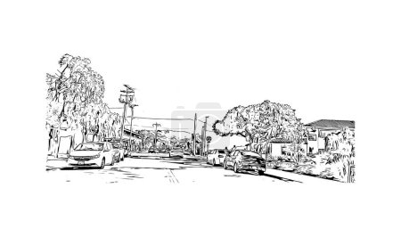 Ilustración de Imprimir Vista del edificio con hito de Salinas es la ciudad de California. Dibujo dibujado a mano ilustración en vector. - Imagen libre de derechos