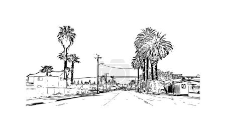Ilustración de Imprimir Vista del edificio con punto de referencia de San Bernardino es la ciudad de California. Dibujo dibujado a mano ilustración en vector. - Imagen libre de derechos