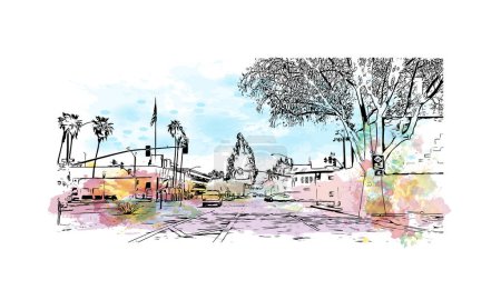 Ilustración de Imprimir Vista del edificio con punto de referencia de San Bernardino es la ciudad de California. Salpicadura de acuarela con dibujo dibujado a mano ilustración en vector. - Imagen libre de derechos