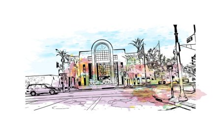 Ilustración de Imprimir Vista del edificio con punto de referencia de San Bernardino es la ciudad de California. Salpicadura de acuarela con dibujo dibujado a mano ilustración en vector. - Imagen libre de derechos