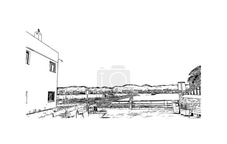 Ilustración de Imprimir Vista del edificio con punto de referencia de Santa Ana es la ciudad de California. Dibujo dibujado a mano ilustración en vector. - Imagen libre de derechos