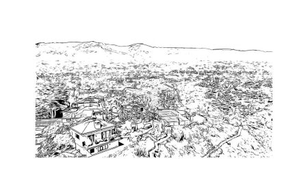 Ilustración de Imprimir Vista del edificio con punto de referencia de Santa Bárbara es la ciudad de California. Dibujo dibujado a mano ilustración en vector. - Imagen libre de derechos