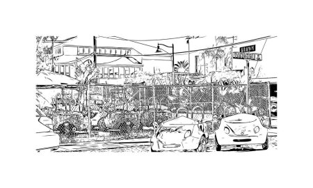 Ilustración de Imprimir Vista del edificio con punto de referencia de Santa Bárbara es la ciudad de California. Dibujo dibujado a mano ilustración en vector. - Imagen libre de derechos