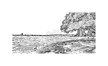 Imprimir Vista del edificio con punto de referencia de Sarasota es la ciudad de Florida. Dibujo dibujado a mano ilustración en vector.