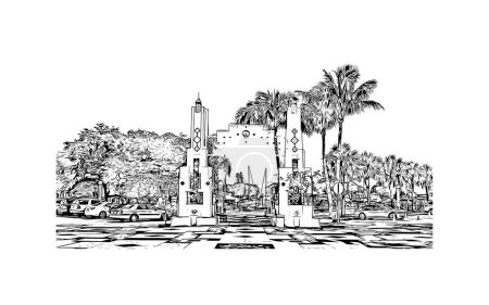 Ilustración de Imprimir Vista del edificio con punto de referencia de Sarasota es la ciudad de Florida. Dibujo dibujado a mano ilustración en vector. - Imagen libre de derechos