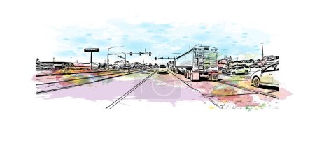 Illustration for Print  Building view with landmark of Sioux is the city in northwest Iowa. Watercolor splash with hand drawn sketch illustration in vector. - Royalty Free Image