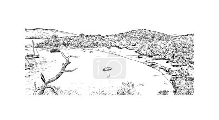 Illustration for Print Building view with landmark of Skiathos is the island in the Aegean Sea. Hand drawn sketch illustration in vector. - Royalty Free Image