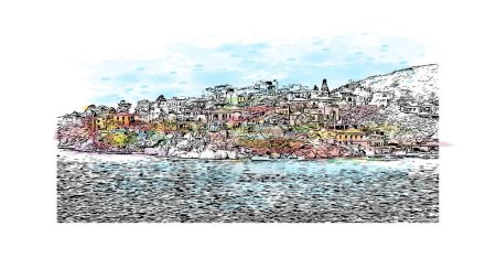 Illustration for Print Building view with landmark of  Skiathos is the island in the Aegean Sea. Watercolor splash with hand drawn sketch illustration in vector. - Royalty Free Image