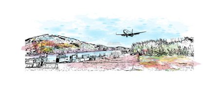 Illustration for Print Building view with landmark of  Skiathos is the island in the Aegean Sea. Watercolor splash with hand drawn sketch illustration in vector. - Royalty Free Image