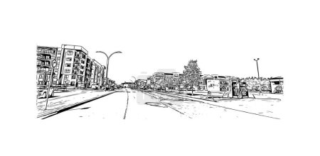 Téléchargez les illustrations : Imprimer Vue de l'édifice avec monument de Saskatoon est la ville au Canada. Illustration dessinée à la main en vecteur. - en licence libre de droit