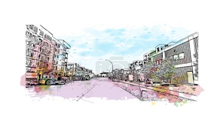 Illustration for Print Building view with landmark of Saskatoon is the city in Canada. Watercolor splash with hand drawn sketch illustration in vector. - Royalty Free Image