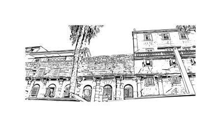  Edificio con hito de división es la ciudad de croacia. Dibujo dibujado a mano ilustración en vector.