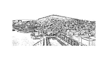  Edificio con hito de división es la ciudad de croacia. Dibujo dibujado a mano ilustración en vector.
