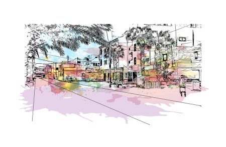 Illustration for Print Building view with landmark of Santa Maria Cape Verde is the city in Cape Verde. Watercolor splash with hand drawn sketch illustration in vector. - Royalty Free Image