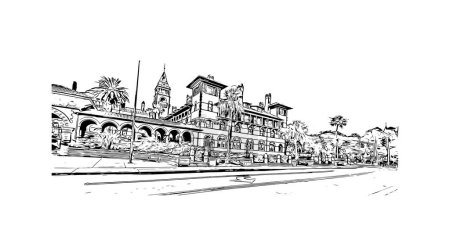 Blick auf das Gebäude mit dem Wahrzeichen des heiligen Augustinus ist die Stadt in den USA. Handgezeichnete Skizzenillustration im Vektor.