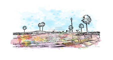 Print Building view with landmark of St Augustine is the city in USA. Watercolor splash with hand drawn sketch illustration in vector.