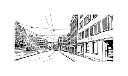 Imprimir Vista del edificio con hito de St. Gallen es la ciudad en Suiza. Dibujo dibujado a mano ilustración en vector.
