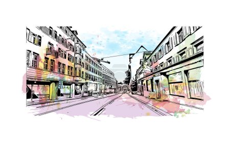 Das Wahrzeichen von St. Gallen ist die Stadt in der Schweiz. Aquarell-Spritzer mit handgezeichneter Skizzenillustration im Vektor.