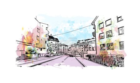 Imprimir Vista del edificio con hito de St. Gallen es la ciudad en Suiza. Salpicadura de acuarela con dibujo dibujado a mano ilustración en vector.