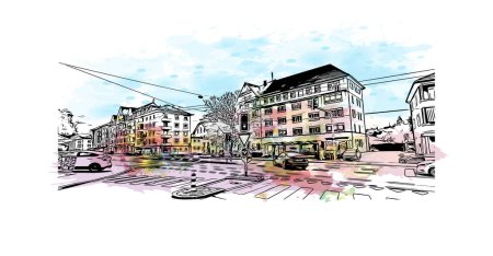 Das Wahrzeichen von St. Gallen ist die Stadt in der Schweiz. Aquarell-Spritzer mit handgezeichneter Skizzenillustration im Vektor.
