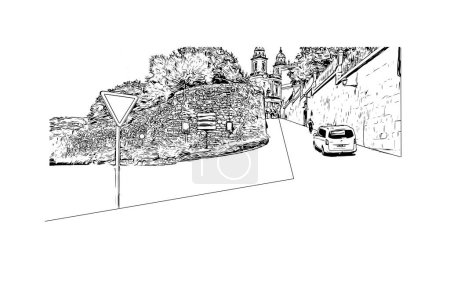 Print Building view with landmark of Santiago de Compostela is the city in Spain. Hand drawn sketch illustration in vector.
