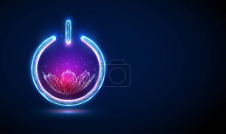 Abstract violet flower inside power button. Low poly style design Geometric background. Light connection structure Modern 3d graphic Vector.
