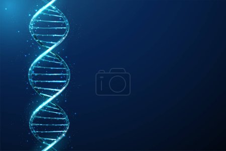 Abstraktes blaues 3D DNA Molekül Helix. Gene Editing, genetische Biotechnologie und technisches Konzept. Design im Low Poly-Stil. Geometrischer Hintergrund. Drahtgestell leichte grafische Verbindungsstruktur. Vektor