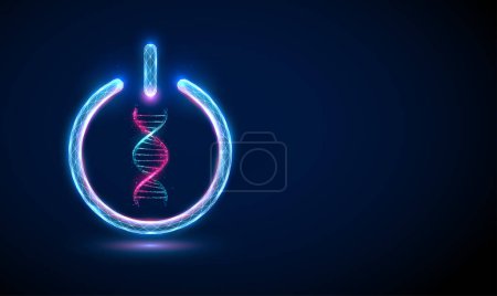 Abstract blue and purple 3d DNA molecule helix in power button. Gene editing genetic biotechnology engineering concept. Low poly style. Geometric graphic wireframe light connection structure. Vector
