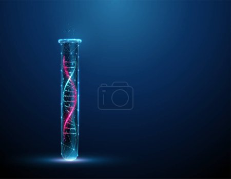 Illustration for Color 3d DNA molecule helix in the lab test tube. Scientific research concept. Gene editing, genetic biotechnology engineering. Low poly style. Abstract wireframe light structure. Vector - Royalty Free Image