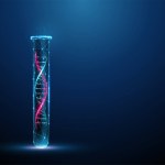 Color 3d DNA molecule helix in the lab test tube. Scientific research concept. Gene editing, genetic biotechnology engineering. Low poly style. Abstract wireframe light structure. Vector