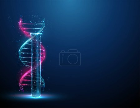 Color 3d DNA molecule helix inear the lab test tube. Scientific research concept. Gene editing, genetic biotechnology engineering. Low poly style. Abstract wireframe light structure. Vector